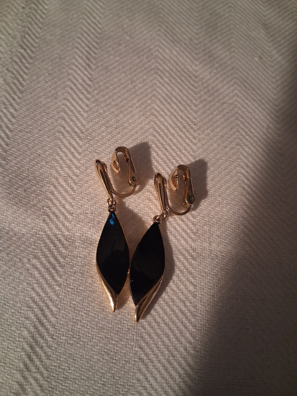 Trifari Gold-Tone Black Leaf Drop Clip Earrings